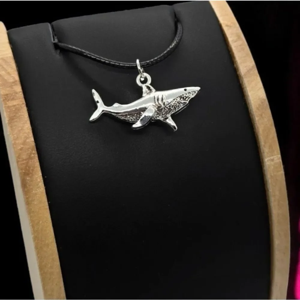 Silver Shark Pendant Nautical Ocean Necklace Black Corded Sea Creature Jewelry